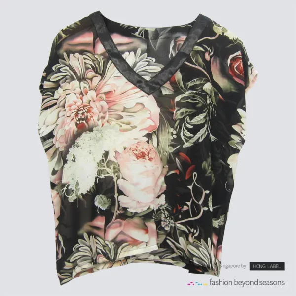 Black satin V neck floral chiffon blouse front