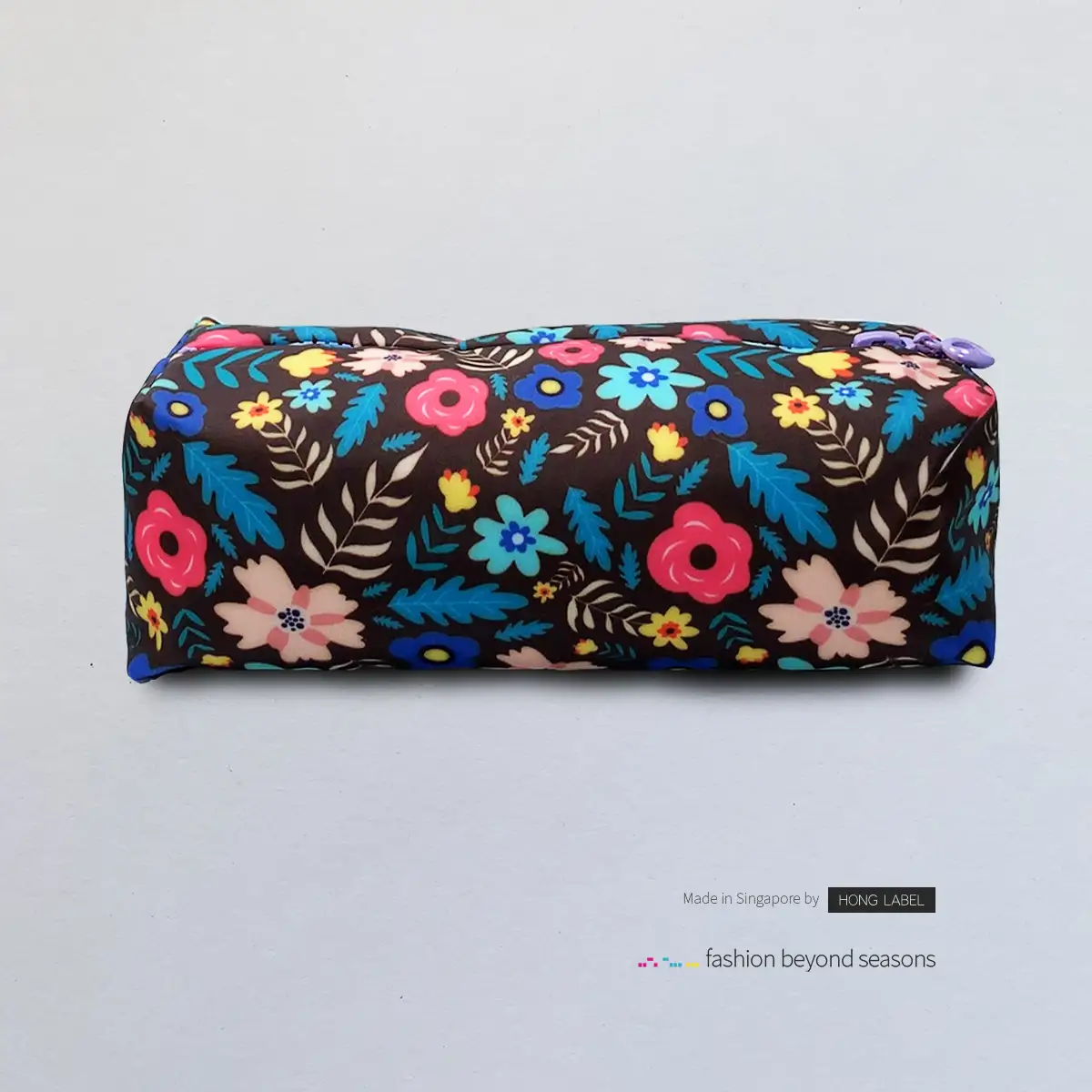 Brown-Multi-Colour-Floral-Motifs-With-Purple-Zip-Pouch-Bag